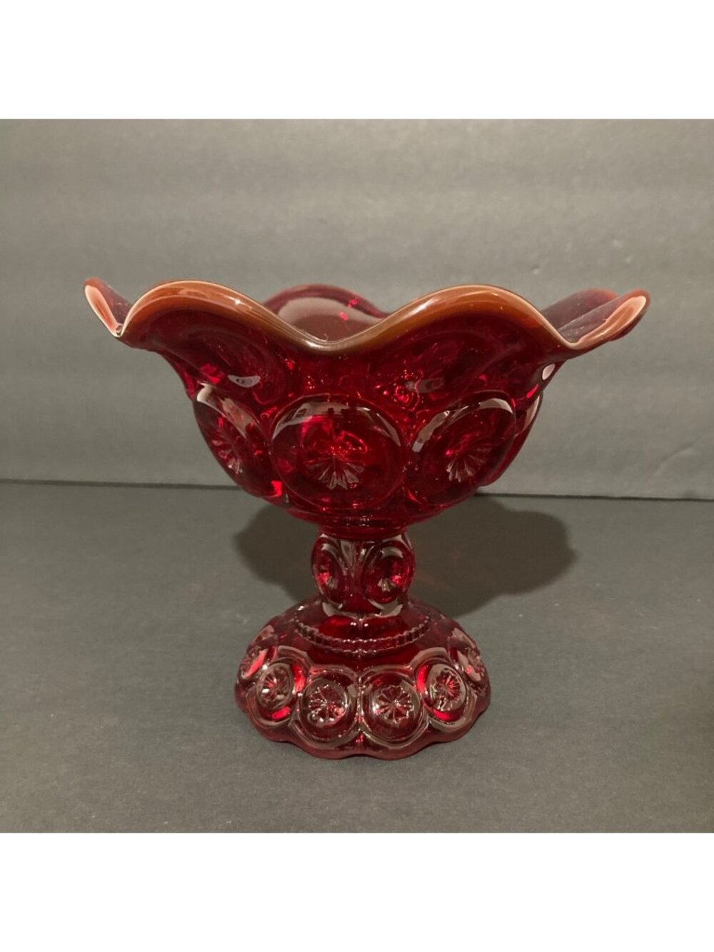 L.E. Smith Moon and Stars Ruby Red Amberina Pedestal Compote GLOWS